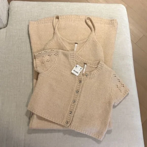 Free People Audrey Sweater Set Maxi Dress Cardigan A Line Knit Tan XS NEW NWT